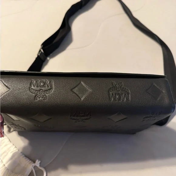 MCM Embossed Black Leather Messenger Bag - Picture 3 of 6